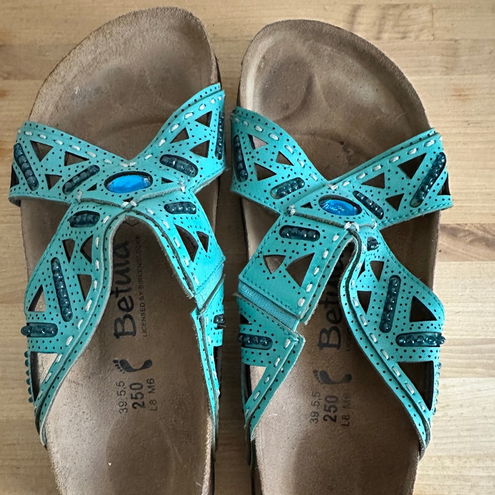 Birkenstock Boho Leather Turquoise Beaded Sandals Women's Size 39 Euro (US 8)